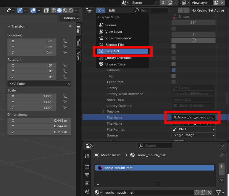 a screenshot of Blender's Data API tab with Images/File Name highlighted